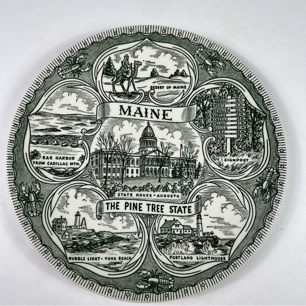 Vintage 1960s Maine The Pine Tree State Souvenir Plate - 9.5 inch